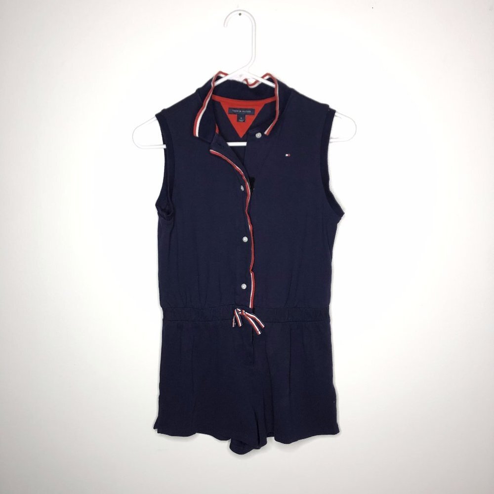 Tommy Hilfiger Girls Navy Blue Red White Sleeveless Collard Polo Romper Size 16